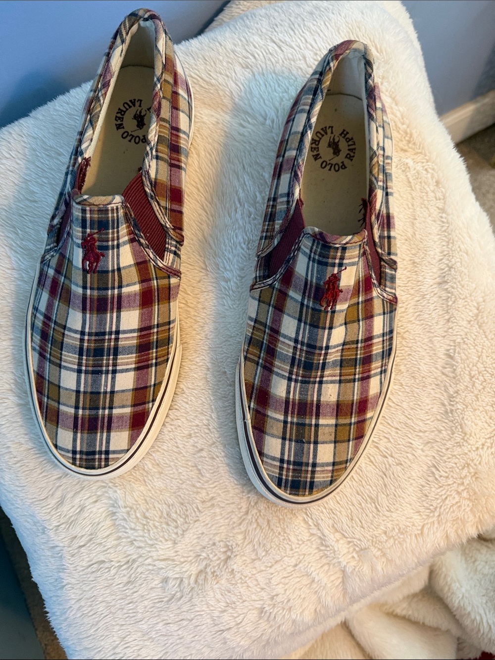 Polo by Ralph Lauren Plaid Slip-On Sneakers in Burgundy, Navy & Cream